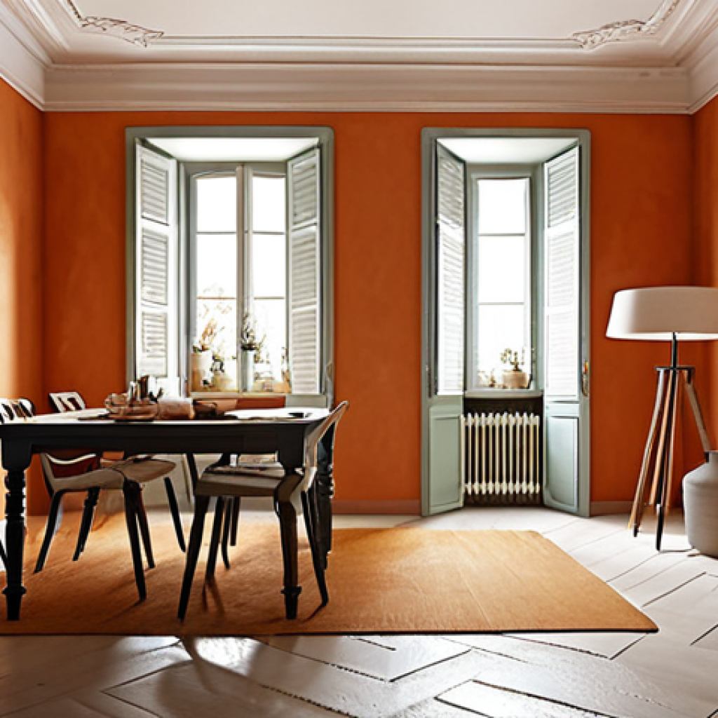 **

Prompt: Interior painting of a bright, modern Italian apartment. Focus on the texture of the matte finish on the walls, highlighting the warm and inviting atmosphere. Include painting tools, like a brush and roller, resting on a drop cloth. Pay attention to the lighting, creating a sense of spaciousness. The color palette should be muted and elegant, reflecting Italian design trends.

**