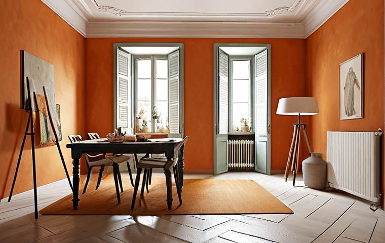 **
Prompt: Interior painting of a bright, modern Italian apartment. Focus on the texture of the matte finish on the walls, highlighting the warm and inviting atmosphere. Include painting tools, like a brush and roller, resting on a drop cloth. Pay attention to the lighting, creating a sense of spaciousness. The color palette should be muted and elegant, reflecting Italian design trends.
**