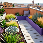 Lush Rooftop Garden Oasis**

"A vibrant rooftop garden overlooking a charming Italian cityscape. Succulents, lavender, and ornamental grasses thrive in raised beds and planters. Sunlight streams through, highlighting the textures and colors of the plants. Include comfortable outdoor seating and recycled materials in the design. Focus on a sense of tranquility and escape."

**