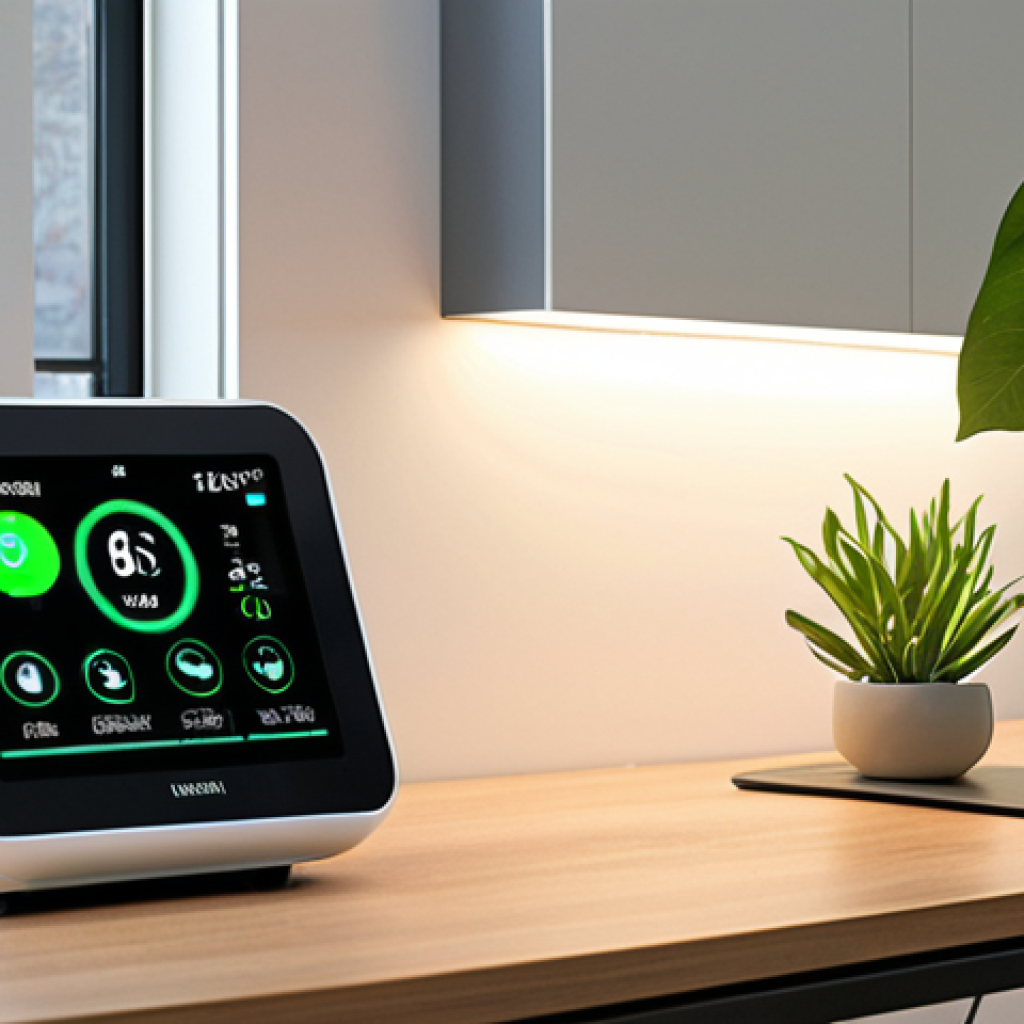 ** A comfortable and efficient Italian home or small office setting, demonstrating advanced energy management powered by AI and machine learning. A person is relaxed, perhaps working at a desk or reading, while the environment seamlessly adapts around them. Smart devices (like a sleek thermostat, unobtrusive sensors, or smart lighting fixtures) are subtly integrated. A soft, futuristic glow emanates from a central smart hub or a screen displaying real-time AI-driven energy optimization, showing reduced consumption and a green leaf icon, symbolizing environmental sustainability. The scene should evoke comfort, effortless control, and a positive contribution to the planet, thanks to intelligent automation.