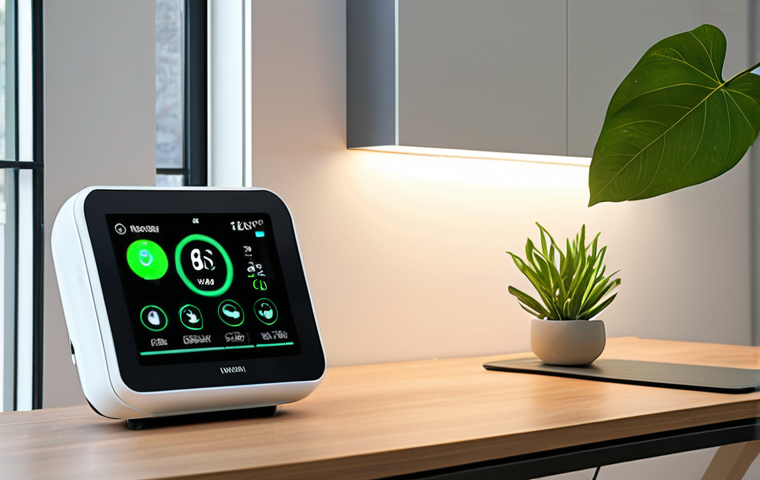** A comfortable and efficient Italian home or small office setting, demonstrating advanced energy management powered by AI and machine learning. A person is relaxed, perhaps working at a desk or reading, while the environment seamlessly adapts around them. Smart devices (like a sleek thermostat, unobtrusive sensors, or smart lighting fixtures) are subtly integrated. A soft, futuristic glow emanates from a central smart hub or a screen displaying real-time AI-driven energy optimization, showing reduced consumption and a green leaf icon, symbolizing environmental sustainability. The scene should evoke comfort, effortless control, and a positive contribution to the planet, thanks to intelligent automation.