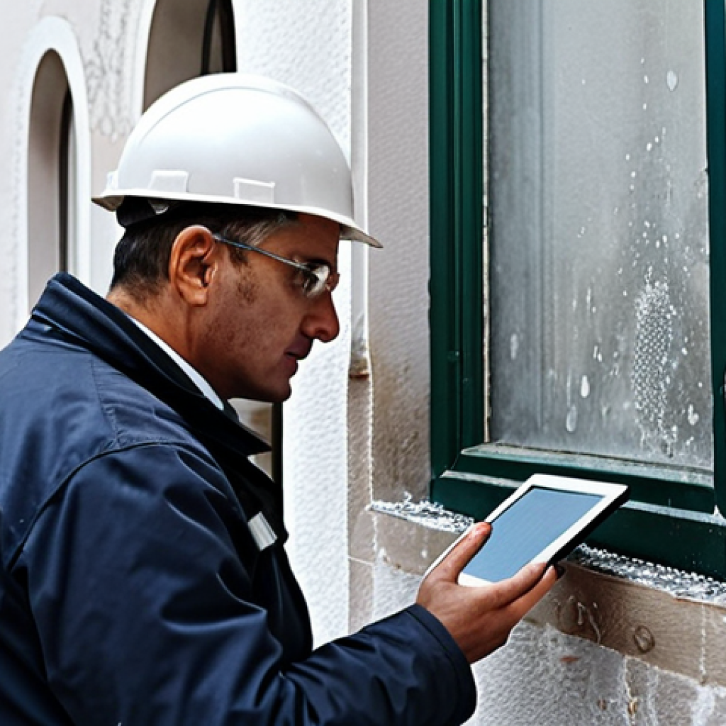 Facade Inspection**
A building facade with visible signs of dampness: stains, peeling plaster, and salt efflorescence. A building inspector, fully clothed in appropriate attire, is examining the wall closely with a tablet in hand. The scene is set during daylight. Appropriate content, safe for work, professional, perfect anatomy, natural proportions, well-formed hands.
**