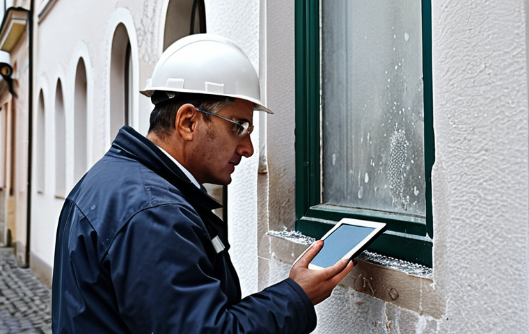 Facade Inspection**

A building facade with visible signs of dampness: stains, peeling plaster, and salt efflorescence. A building inspector, fully clothed in appropriate attire, is examining the wall closely with a tablet in hand. The scene is set during daylight. Appropriate content, safe for work, professional, perfect anatomy, natural proportions, well-formed hands.

**