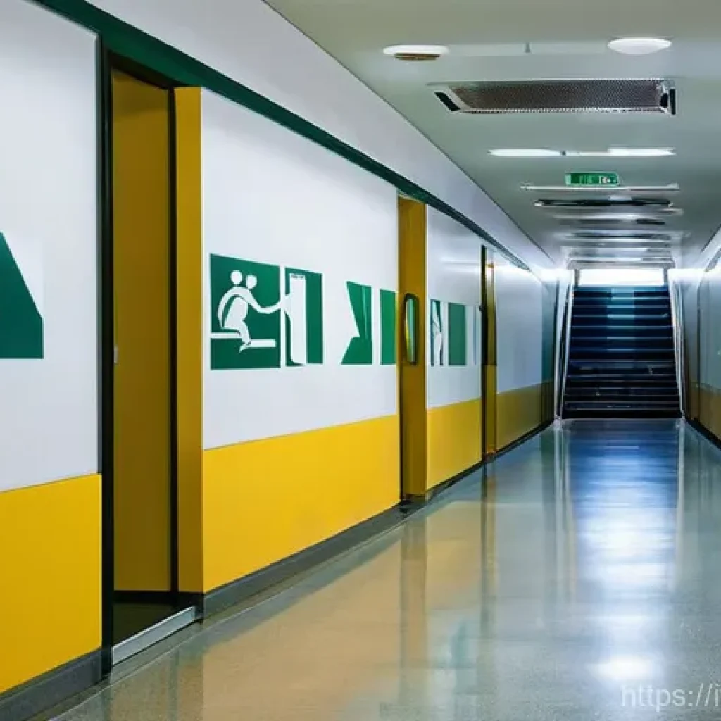 비상 대피로 점검 - **A Serene Emergency Exit in a Public Italian Building:**
    "A wide, pristine hallway inside a mod...