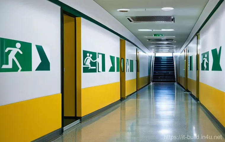 비상 대피로 점검 - **A Serene Emergency Exit in a Public Italian Building:**
    "A wide, pristine hallway inside a mod...