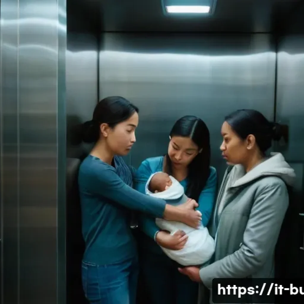 엘리베이터 긴급 대응 매뉴얼 - **Prompt:** A diverse group of people, including adults and a baby wearing a clean diaper, are insid...