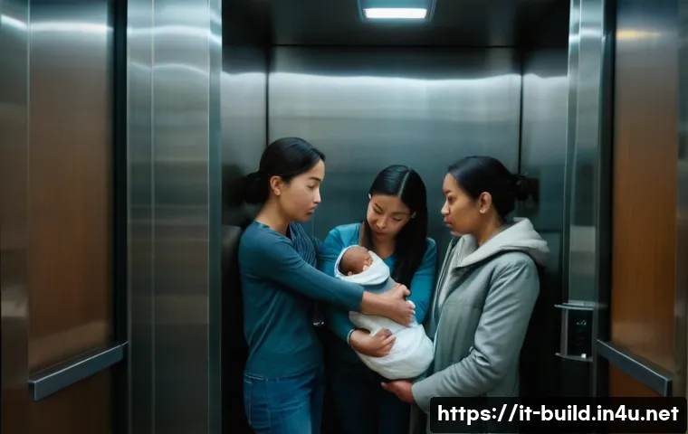 엘리베이터 긴급 대응 매뉴얼 - **Prompt:** A diverse group of people, including adults and a baby wearing a clean diaper, are insid...