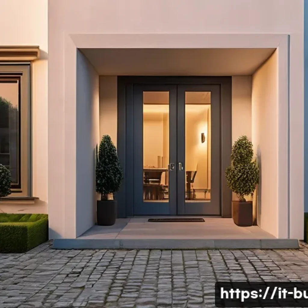 건물 방범 시스템 비용 - A modern Italian residential building exterior at dusk, showing a well-lit entrance with visible sec...