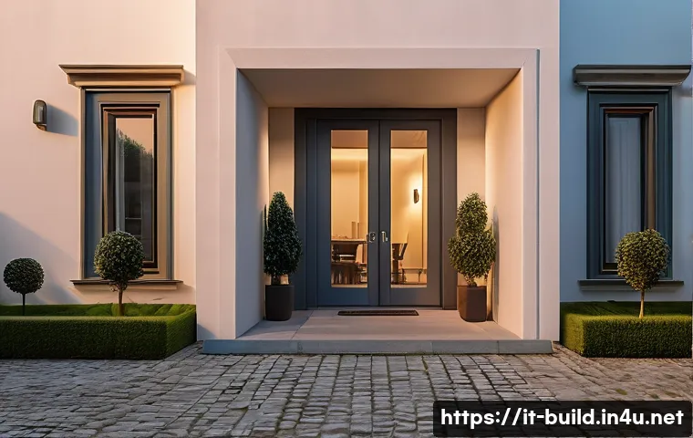 건물 방범 시스템 비용 - A modern Italian residential building exterior at dusk, showing a well-lit entrance with visible sec...