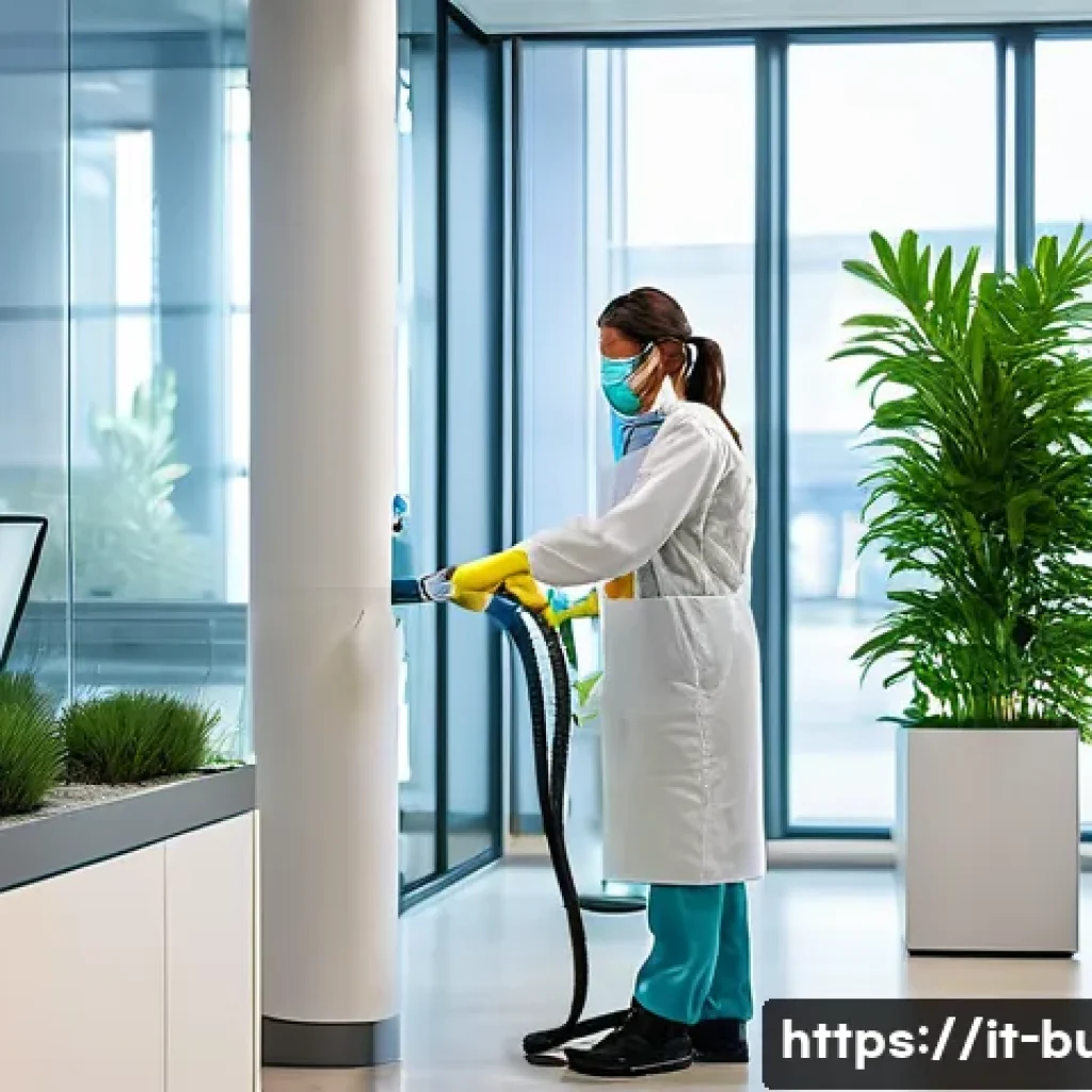 건물 정기 소독 서비스 - A modern office reception area being sanitized with advanced vaporized hydrogen peroxide technology,...