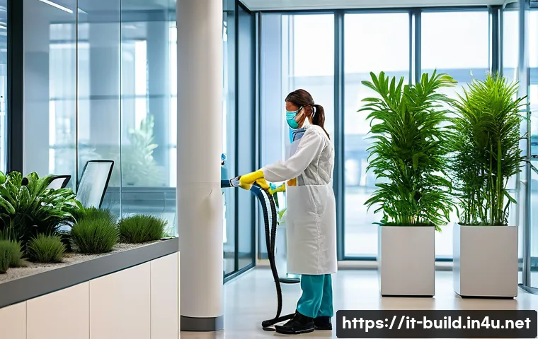 건물 정기 소독 서비스 - A modern office reception area being sanitized with advanced vaporized hydrogen peroxide technology,...