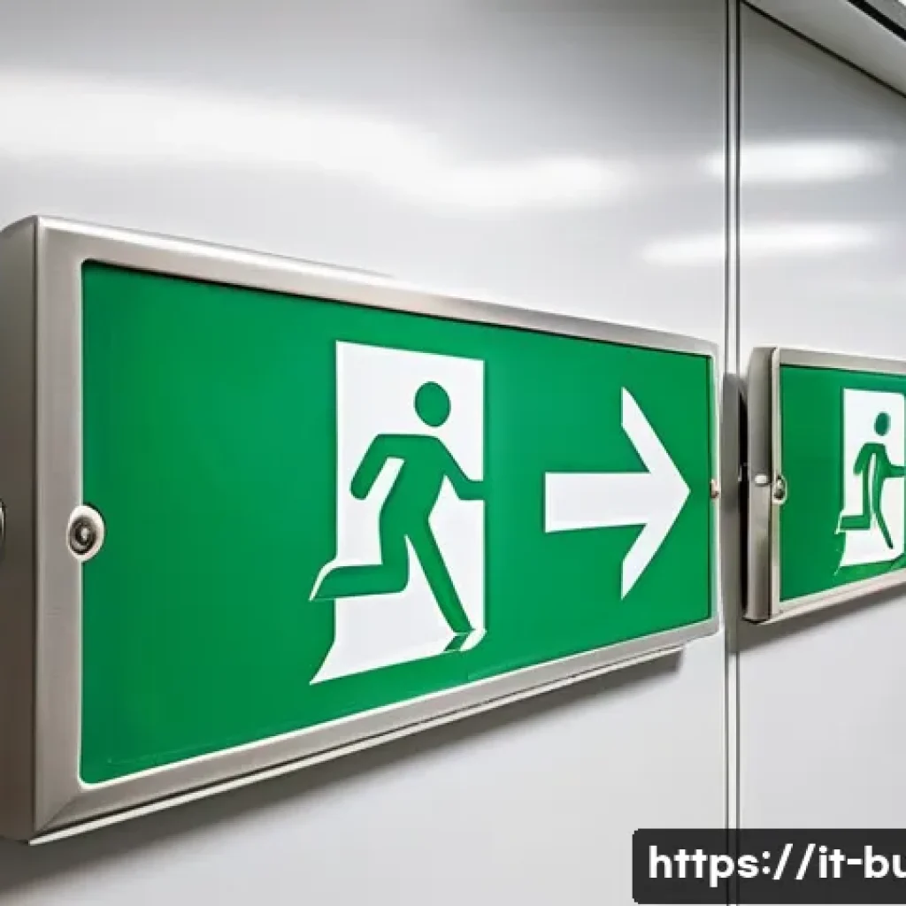 비상구 안전 표시 - A modern Italian office building emergency exit corridor at dusk, featuring clearly visible green ph...