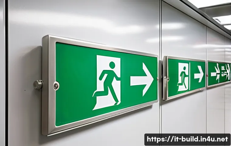 비상구 안전 표시 - A modern Italian office building emergency exit corridor at dusk, featuring clearly visible green ph...