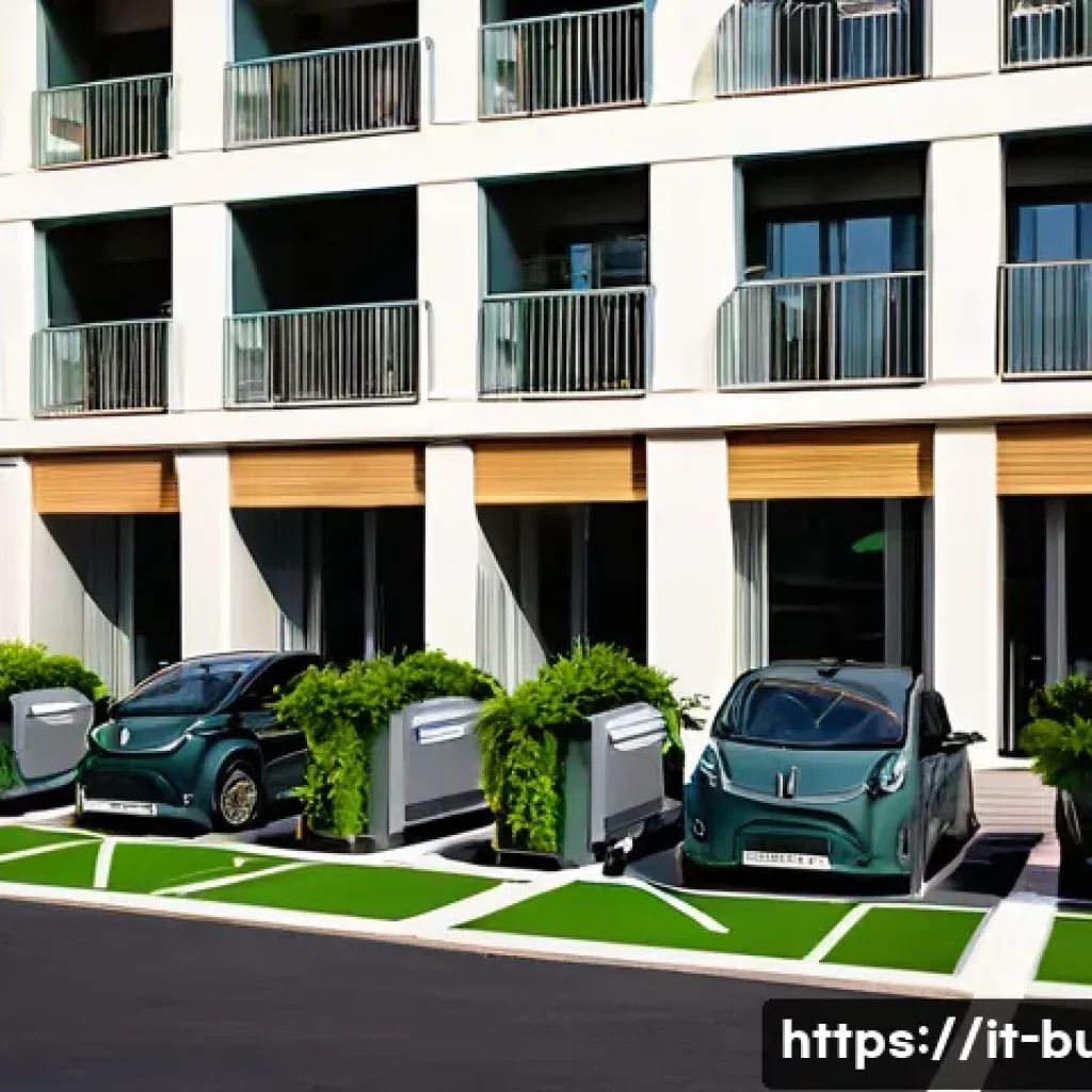 건물 내 전기차 충전소 이용 - A modern Italian condominium parking lot scene at dusk, showing multiple electric vehicle charging s...