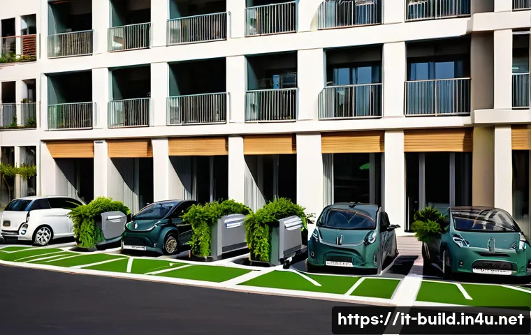 건물 내 전기차 충전소 이용 - A modern Italian condominium parking lot scene at dusk, showing multiple electric vehicle charging s...