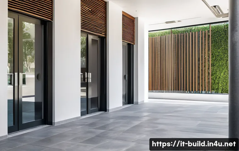공용 공간 CCTV 관리 규칙 - A modern condominium common area in Italy featuring prominently visible security cameras installed a...