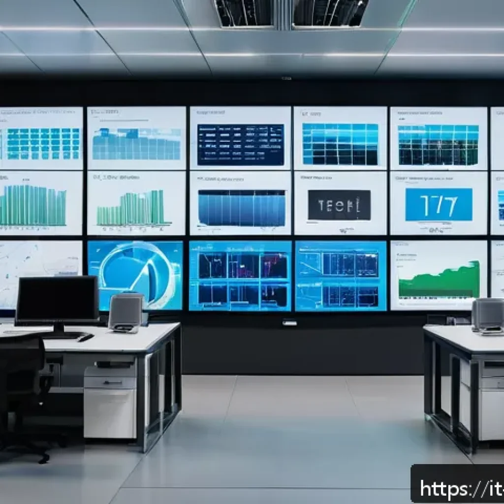 건물 내 설비 노후화 관리 - A detailed industrial building maintenance control room with large screens displaying real-time IoT ...