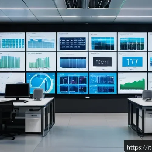 건물 내 설비 노후화 관리 - A detailed industrial building maintenance control room with large screens displaying real-time IoT ...
