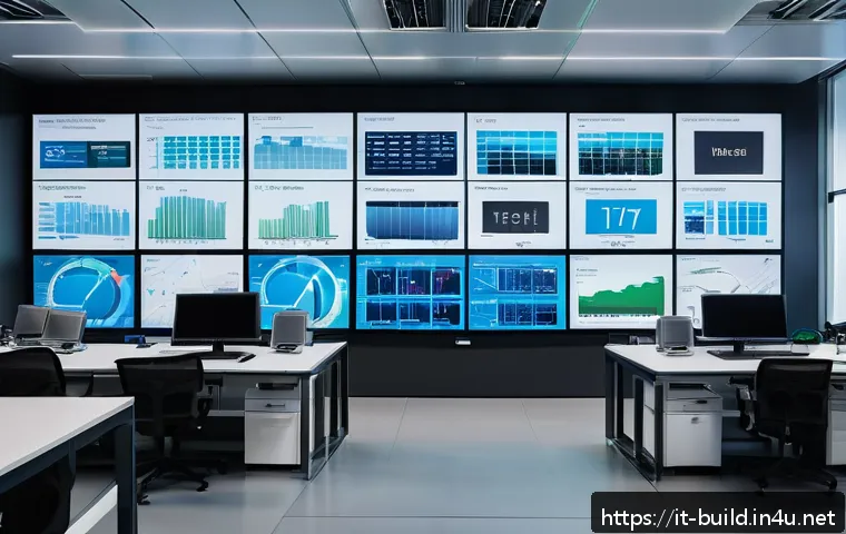 건물 내 설비 노후화 관리 - A detailed industrial building maintenance control room with large screens displaying real-time IoT ...