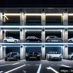 주차장 자동화 장비 설치 - A futuristic automated parking garage in a historic Italian city center, showcasing compact robotic ...