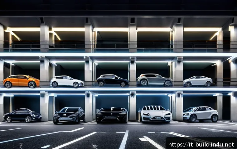 주차장 자동화 장비 설치 - A futuristic automated parking garage in a historic Italian city center, showcasing compact robotic ...