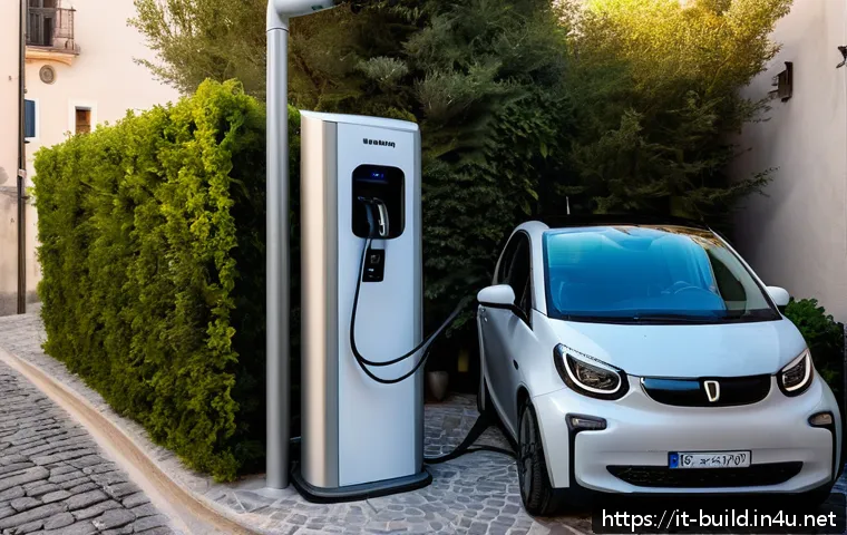 전기차 충전소 설치 관리 - A modern residential driveway in Italy featuring a sleek electric vehicle charging station installed...