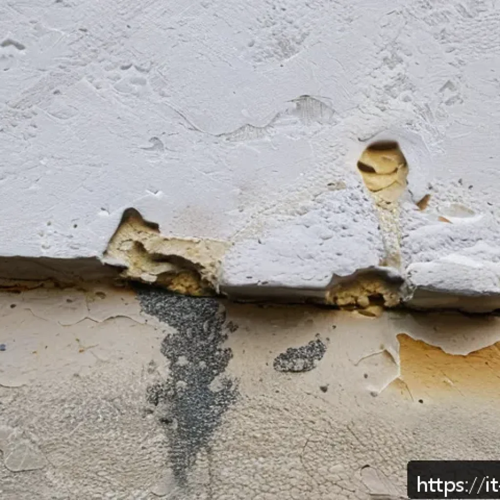 건물 하자보수 체크리스트 - A detailed close-up of an Italian residential building wall corner showing early signs of water infi...