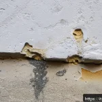 건물 하자보수 체크리스트 - A detailed close-up of an Italian residential building wall corner showing early signs of water infi...