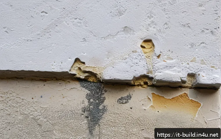 건물 하자보수 체크리스트 - A detailed close-up of an Italian residential building wall corner showing early signs of water infi...