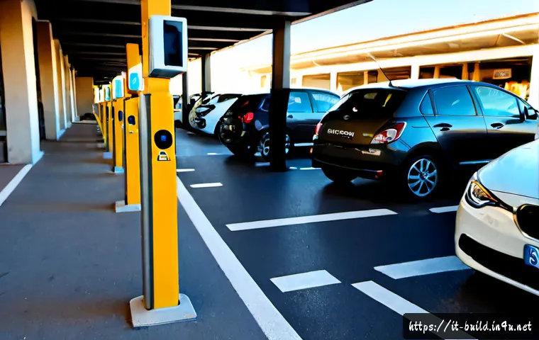 Home 30 주차장 관리 시스템 - Photorealistic modern parking management system at the entrance of an Italian city parking garage, s...