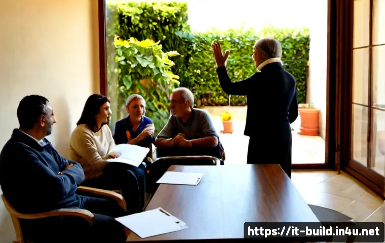 Home 17 건물 입주자 회의 운영 - Photorealistic apartment building residents’ meeting in a bright Italian condominium community room,...